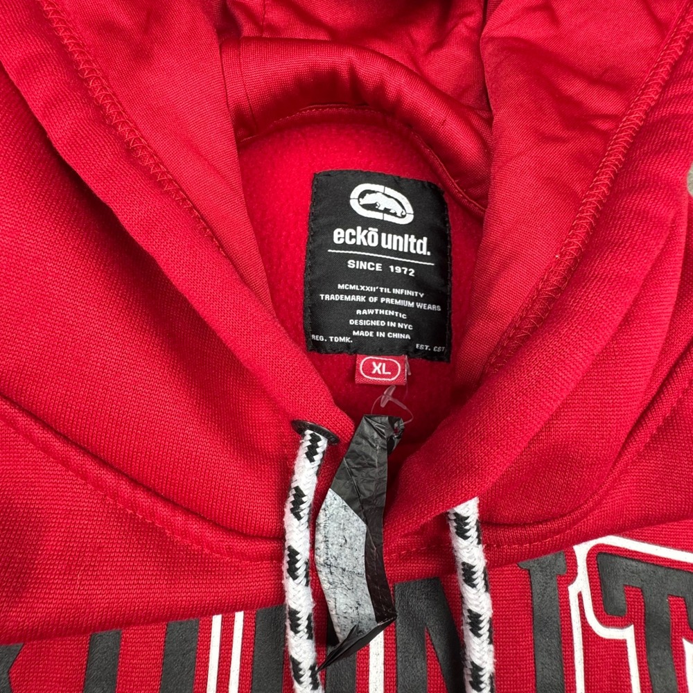 Ecko Unltd Hoodie Mens XL Red Excellent Graphic Logo Tech Fleece Pullover - Picture 4 of 10